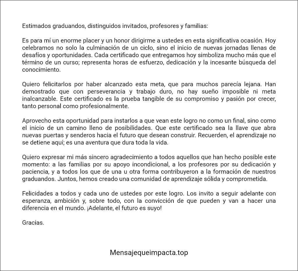 formato recomendado para un Discurso para entrega de certificados 